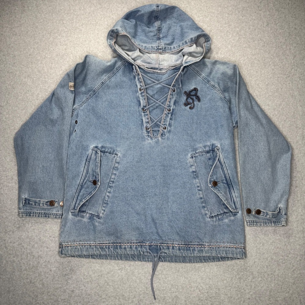 Vintage Disney Store Denim Hoodie Pullover Womens Medium Blue Pooh Bear Lace Up
